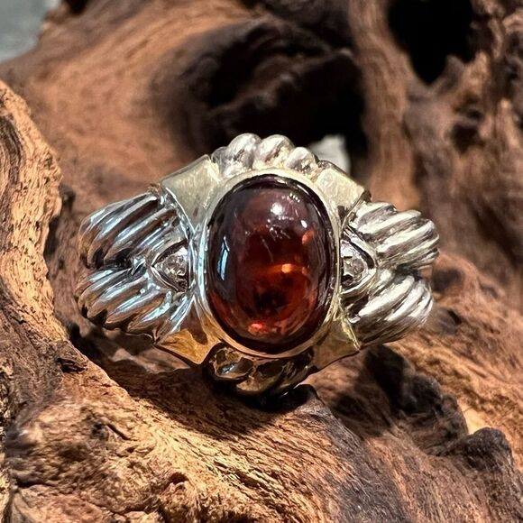 Vintage Clyde Duneier Oval Garnet Cabochon Ring Size 6.5 CID 14K 925 Rope Sides - Picture 1 of 13